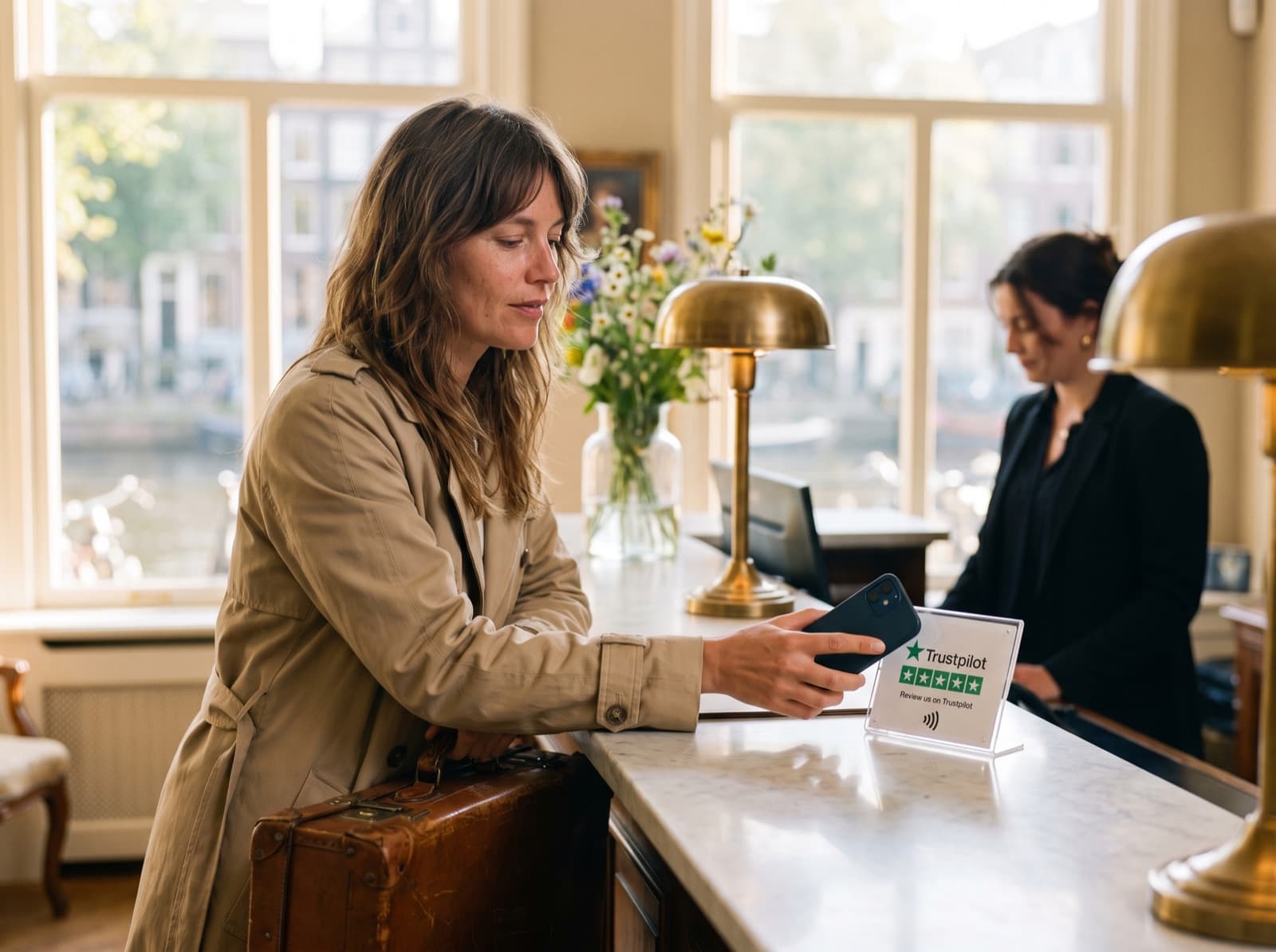 Hotelgast tikt een Trustpilot-kaart aan de balie bij het uitchecken