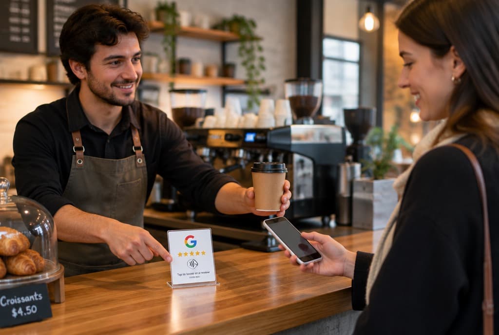 Een barista overhandigt koffie en wijst naar de Google review-kaart, gast houdt telefoon klaar