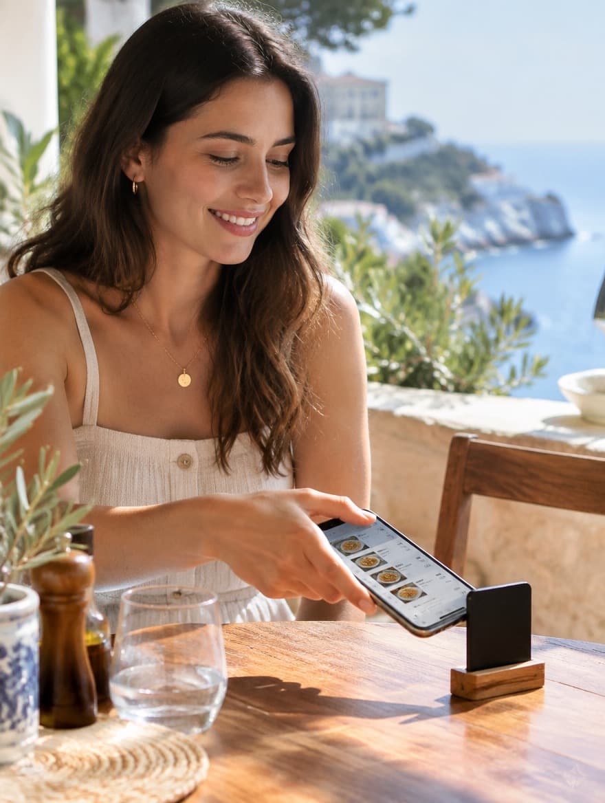 A smiling guest on a terrace taps her phone against the TapPoint card to view the digital menu
