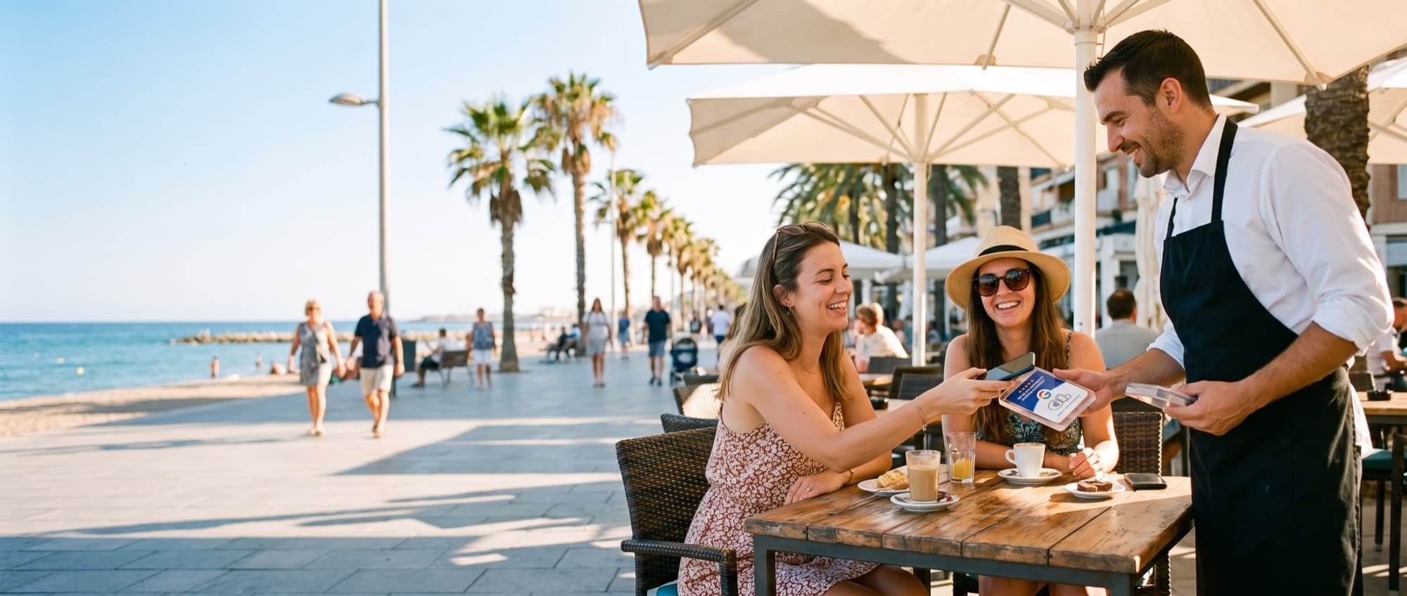 Ober houdt de TapPoint-kaart voor aan een lachende gast op een terras aan zee in Spanje
