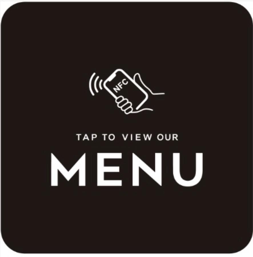 Black acrylic card reading Tap to view our menu